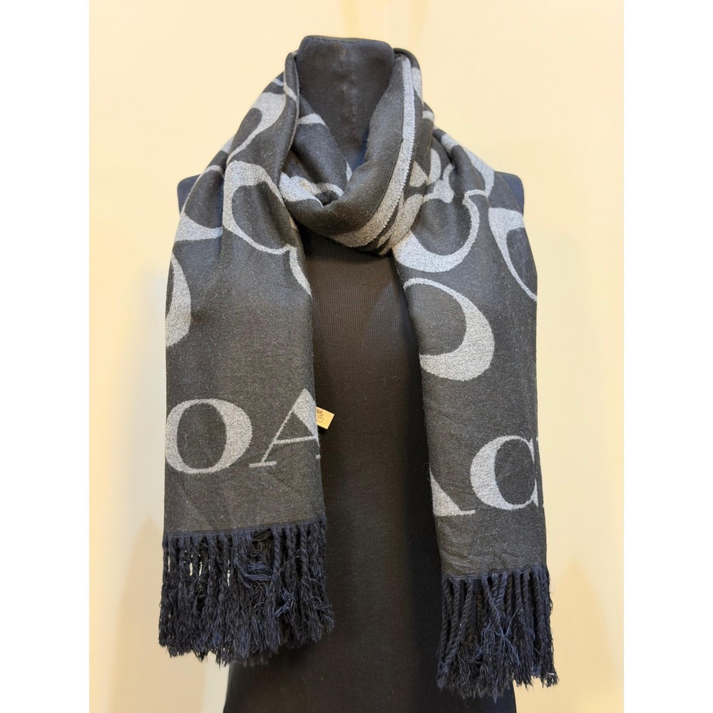 Coach Cashmere Silk Blend Signature C Logo Scarf Wrap Charcoal Gray Silver